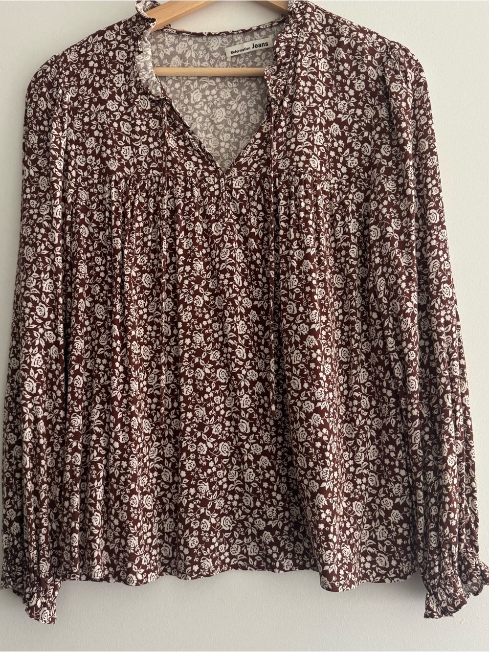 Reformation Floral V-Neck Peasant Blouse in Brown